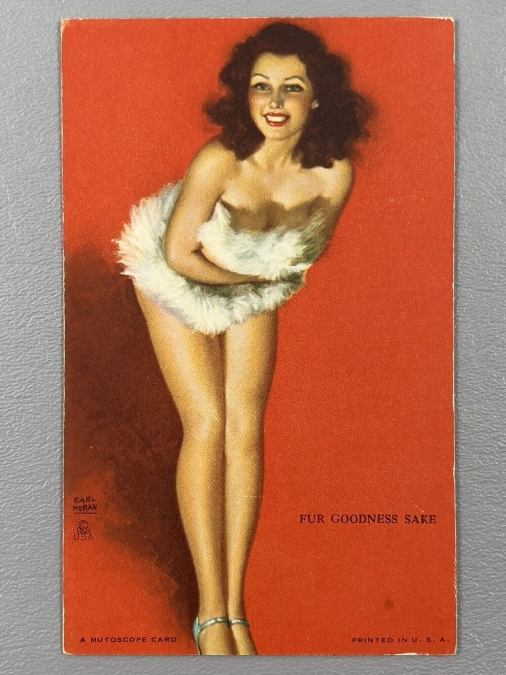 Vintage Mutoscope Card Pin Up Fur Goodness Sake Brunette Legs Cheesecake Art Ear